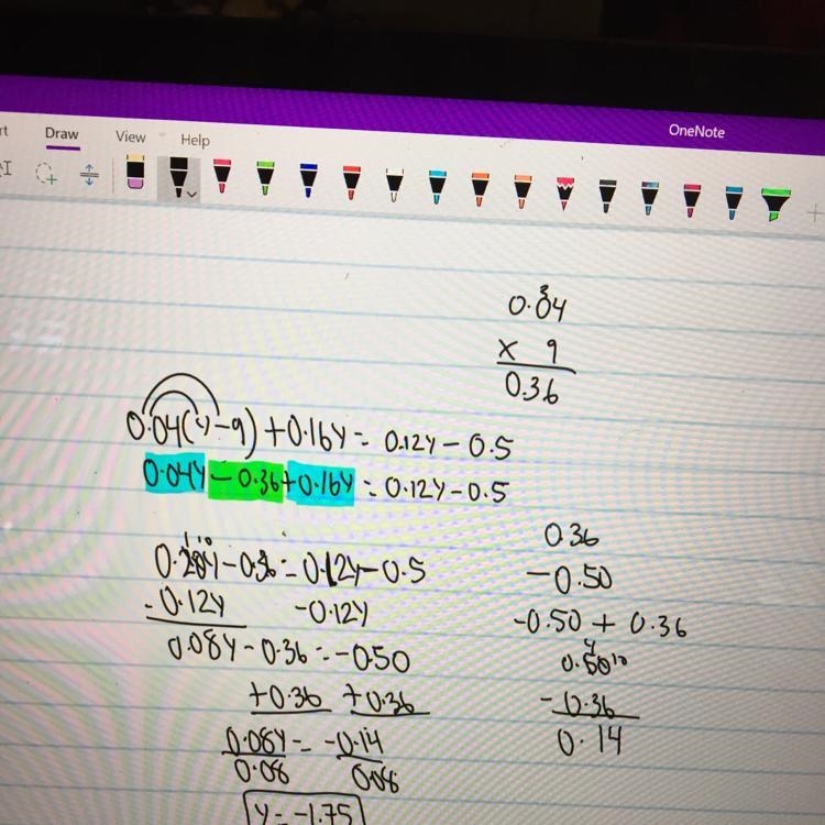 0.04(y - 9) +0.16y = 0.12y-0.5 y= (Type an integer or a decimal.)-example-1