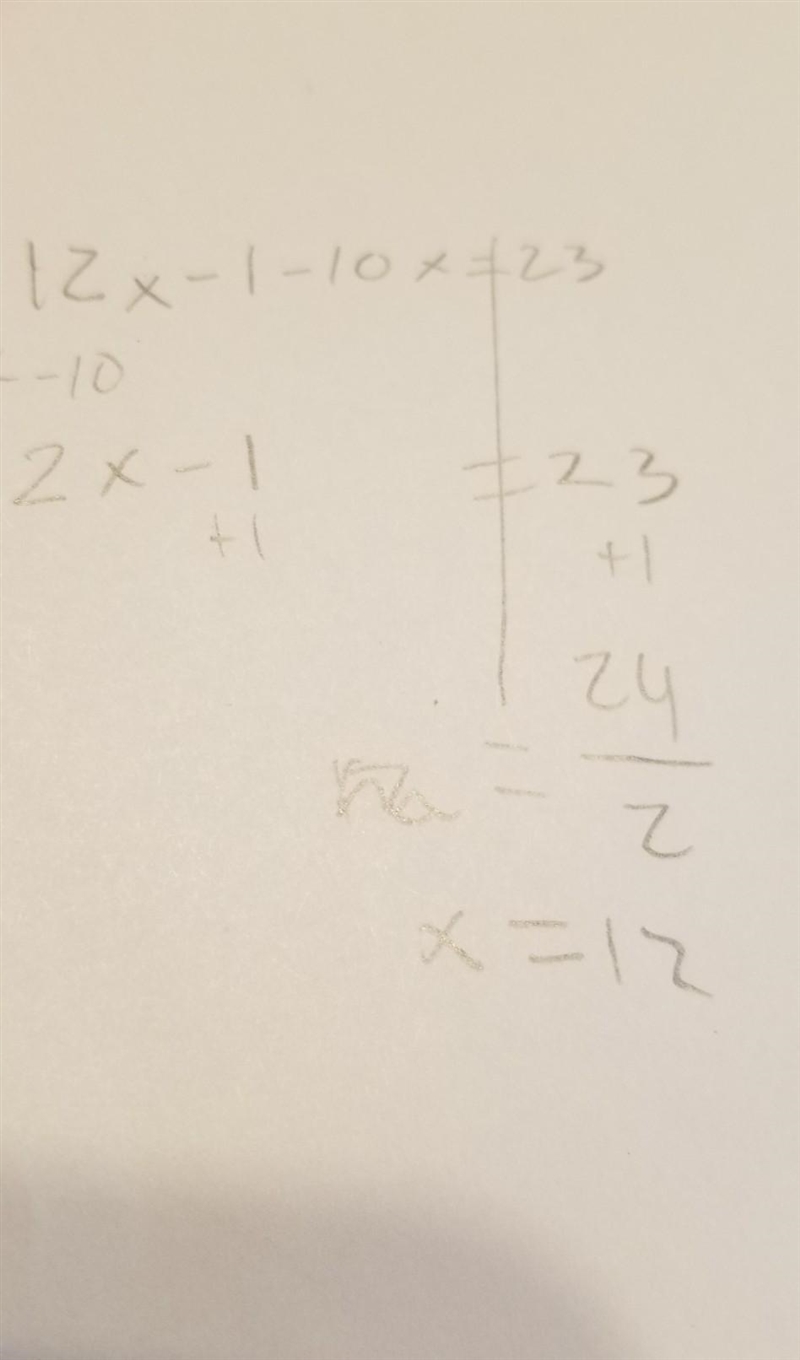 12x - 1 - 10x = 23 I know x=12 but how is it done with distributive property-example-1