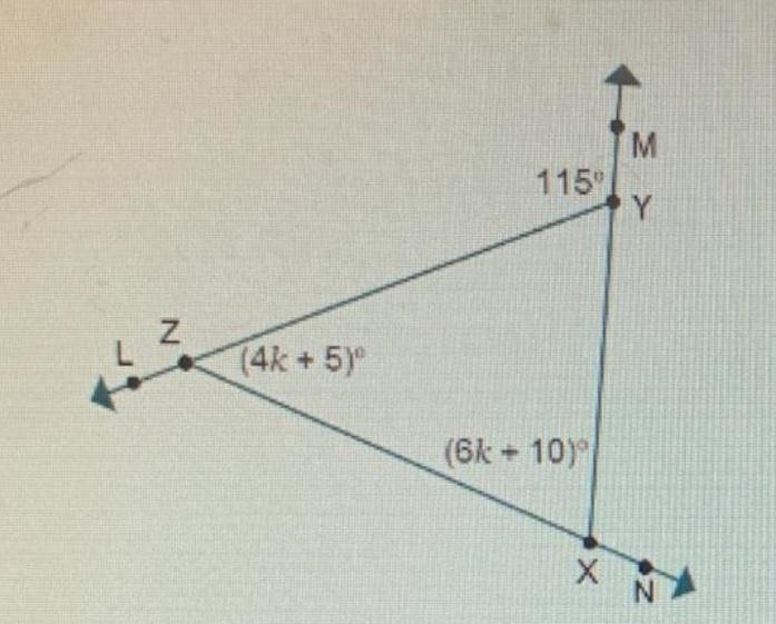 Solving for Angle Measures What is the value of K? 1 15° (4k+5)° (6k + 10)-example-1