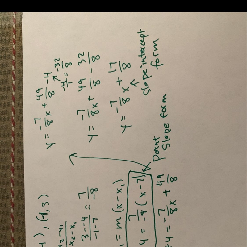 Write the equation of the line that passes through the points (7, –4) and (–1, 3), first-example-1