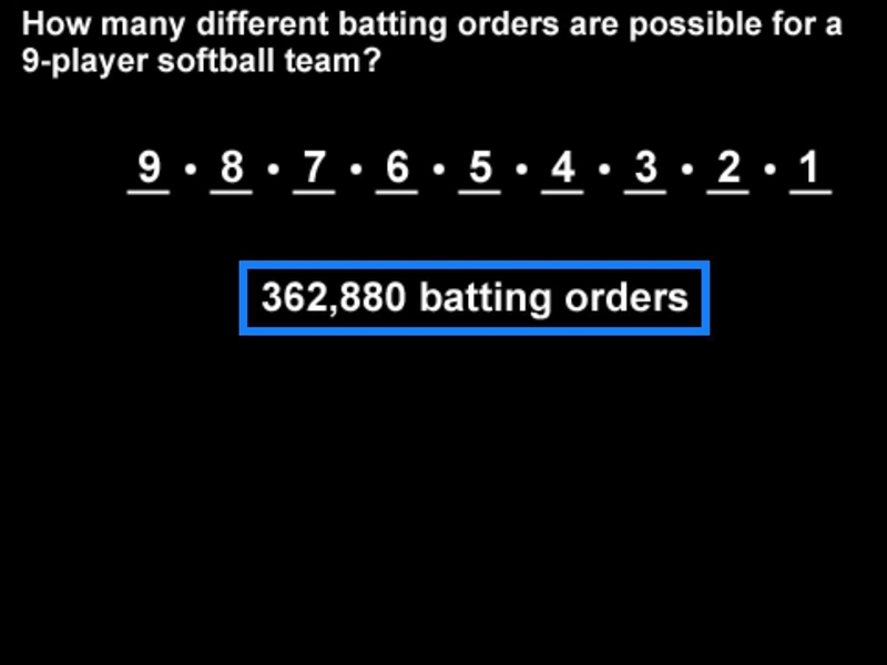 There are nine players on a baseball team. How many different batting lineups are-example-1