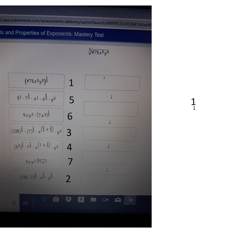 Order the simplifications, last box is 5× x × y^3 × (7 ^ 1/3 × x ^ 2/3)​-example-1