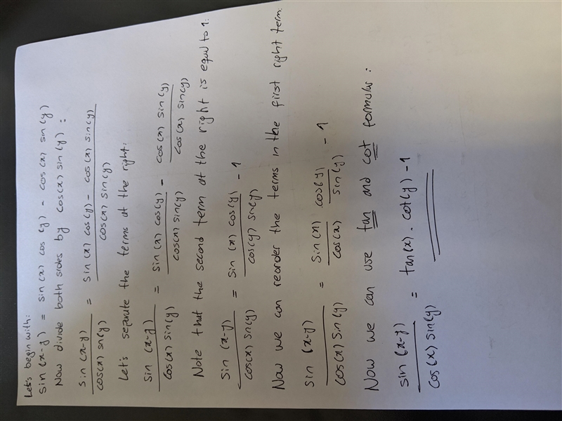 Prove sin(x-y)/cosxsiny=tanxcoty-1-example-1