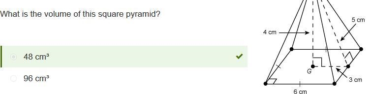 What is the volume of this square pyramid? 48 cm³ 96 cm³ 144 cm³ 288 cm³ Pyramid with-example-1
