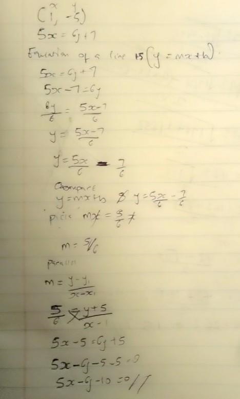 Write an equation of the line satisfying the given conditions. Through (1,−5); parallel-example-1