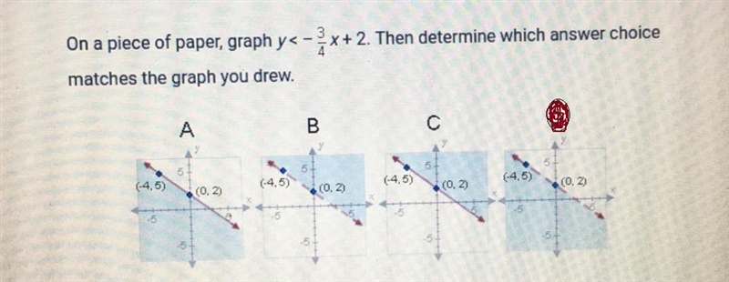 on a piece if paper graph y <-3/4x +2 Then determine which answer choice matches-example-2