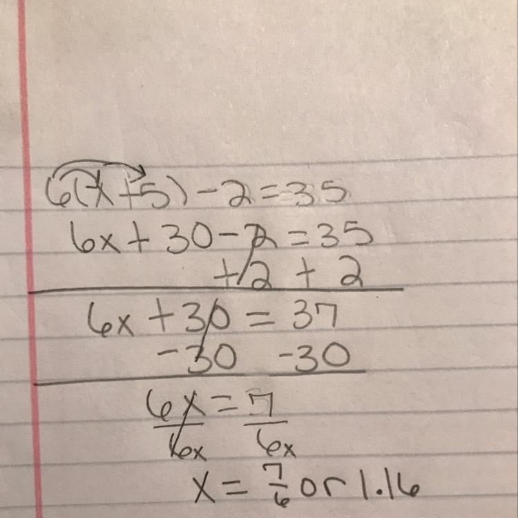 Solve for x 6(x + 5) - 2 = 35-example-1