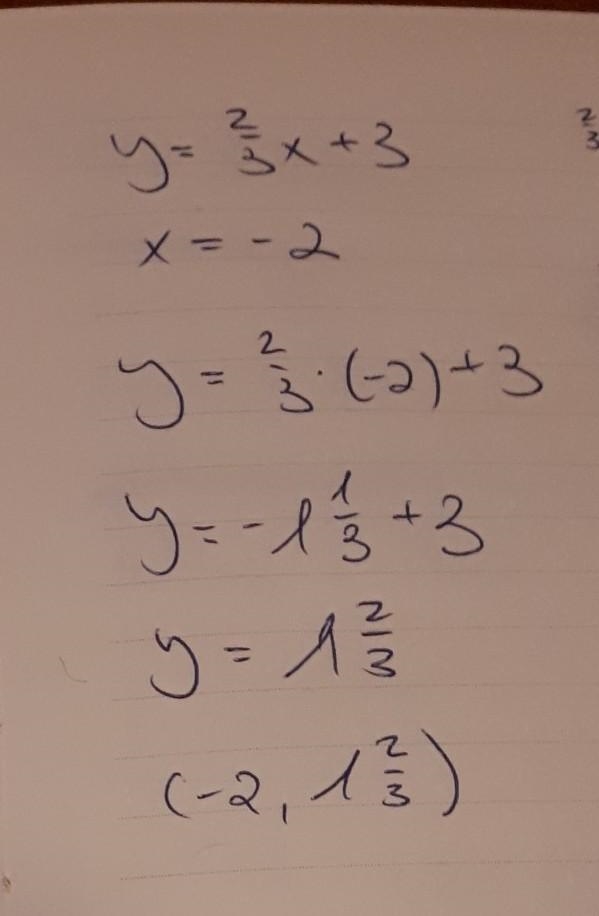 What is the solution to the system of equations? y = 2/3x+3 x = -2 • (-2,-25 • (-2.1 • (-2)-example-1