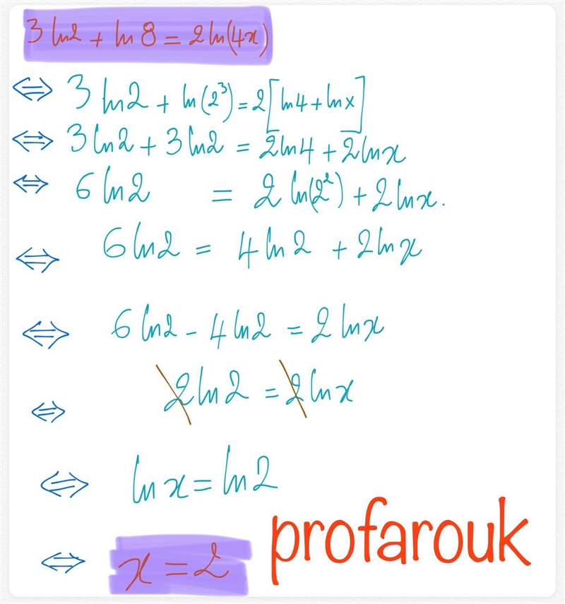 What is the true solution to 3 l n 2 + l n 8 = 2 l n (4 x) x = 1 x = 2 x = 4 x = 8-example-1