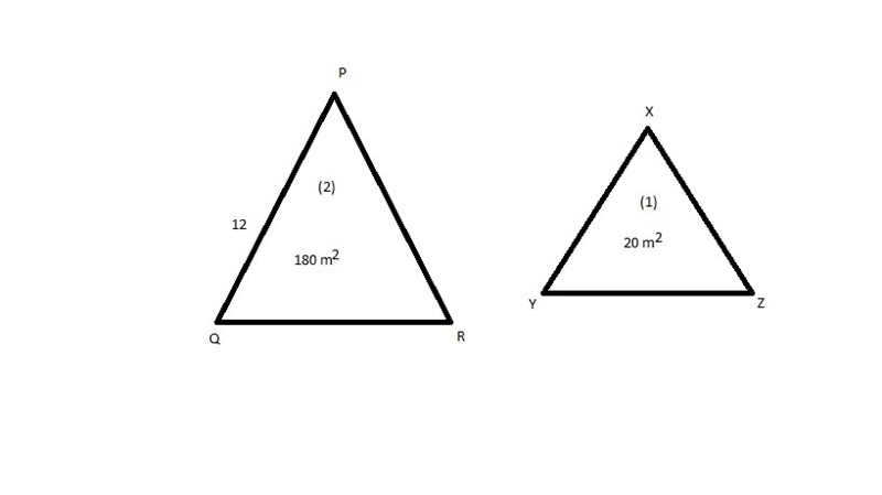 The areas of two similar triangles are 20m2 and 180m2. The length of one of the sides-example-1