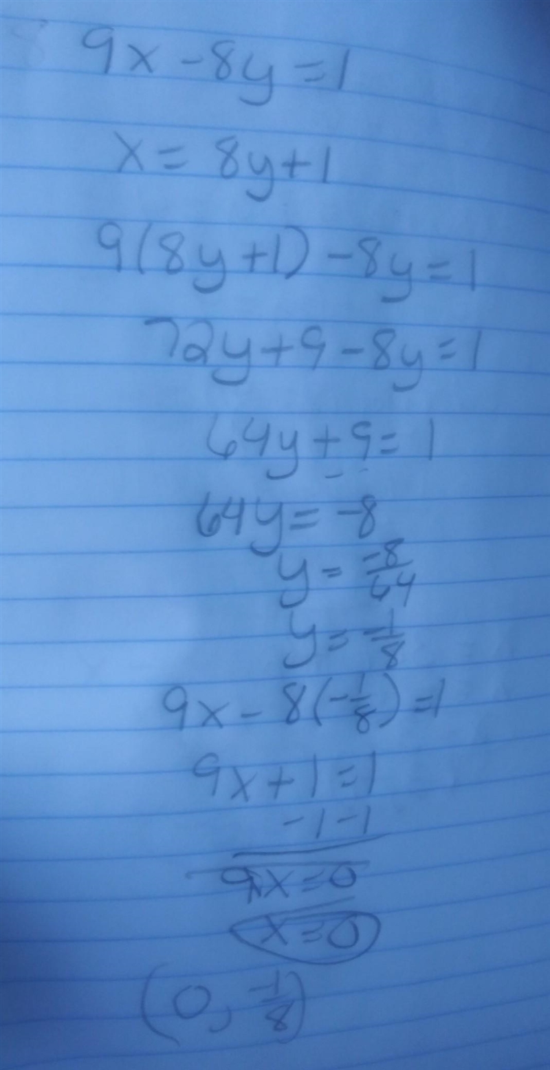 Solve the system using substitution. Check your answer. 9x - 8y = 1 8y = x-1-example-1