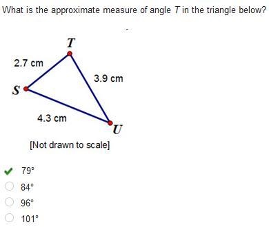 What is the approximate measure of angle T in the triangle below?-example-1