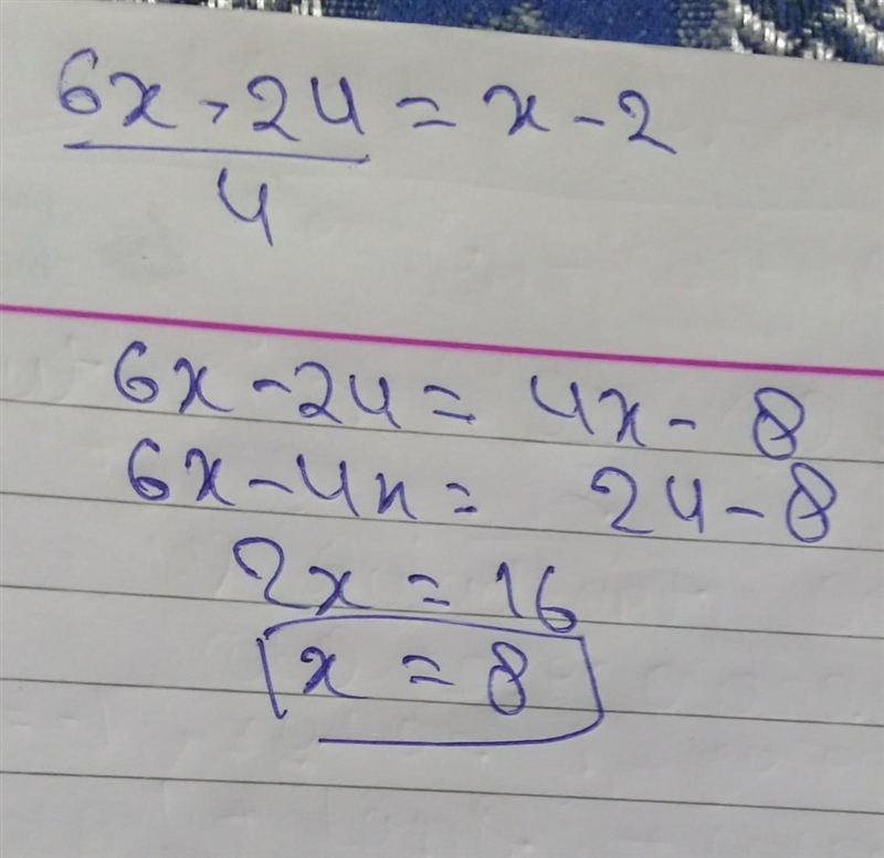 Solve for x. 6x−24=x−2 --------- 4-example-1