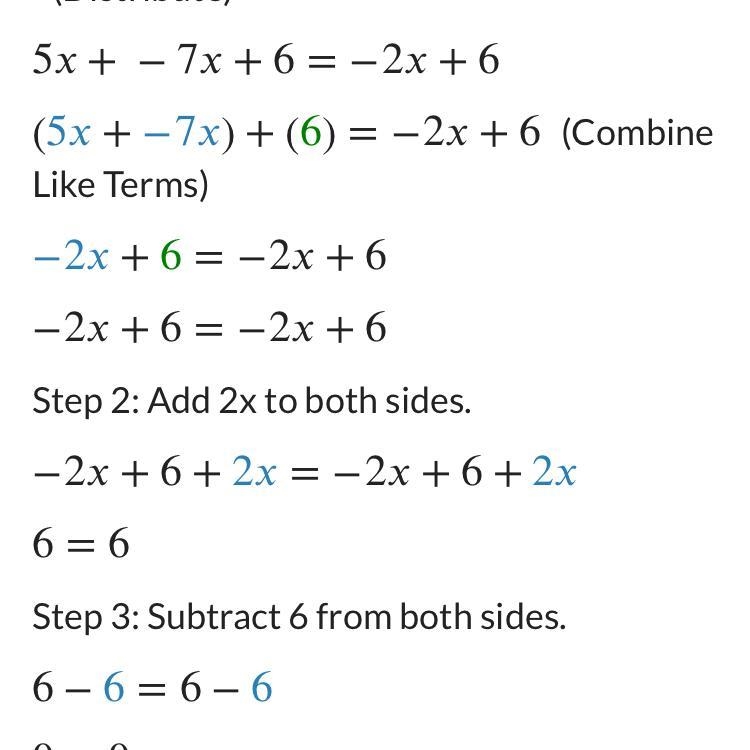 Solve: 5x - 7x + 6 = -2(x - 3).-example-1