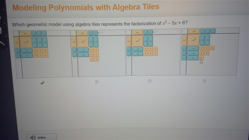 Which geometric model using algebra tiles represents the factorization of x2 – 5x-example-1