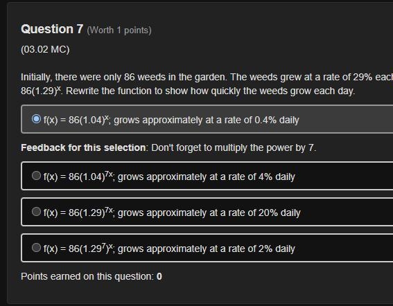 Initially, there were only 86 weeds in the garden. The weeds grew at a rate of 29% each-example-1