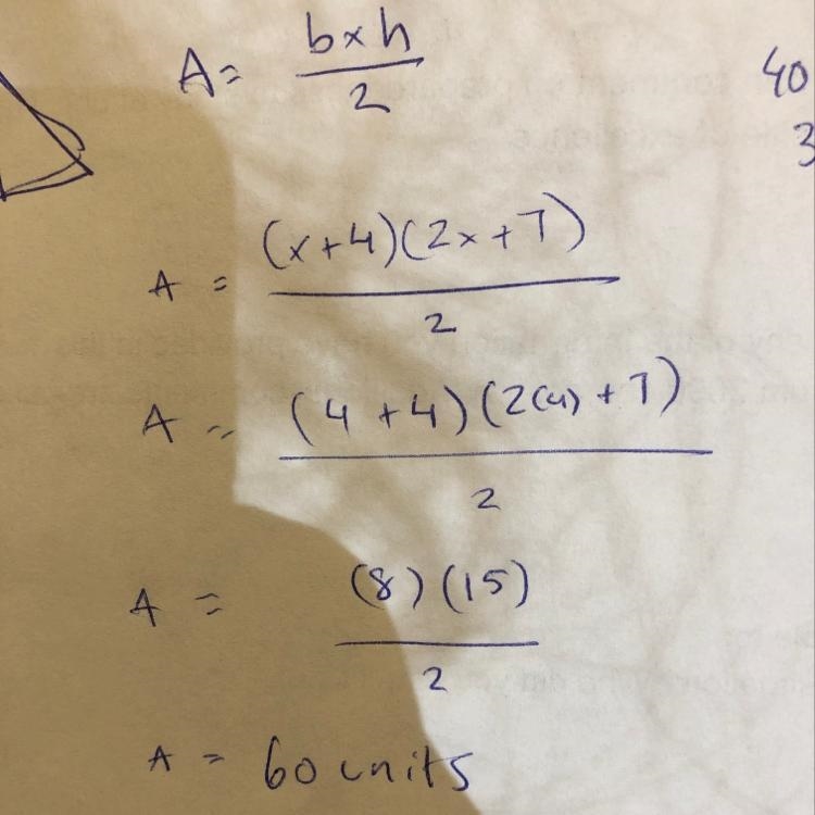 Consider the right triangle below. 5x - 3 2x + 7 X + 4 If the perimeter is 40 units-example-1