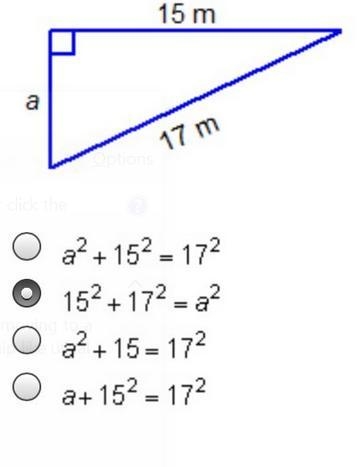 Which equation can be used to find the unknown length, a, in this triangle? 15 m 17 m-example-1