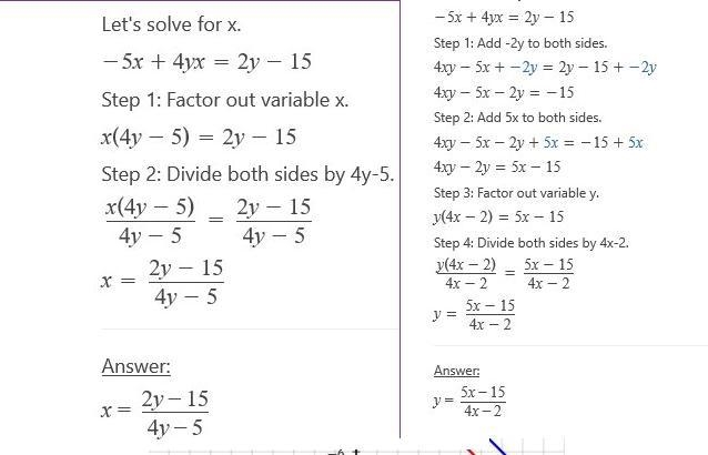 Solve the system of equations -5x + 4y x = 2y - 15 x= y=​-example-1