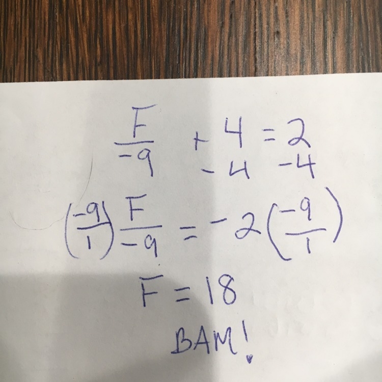 Solve the equation. F/-9+4=2-example-1