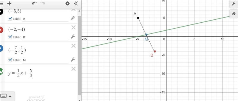 Write the equation for the perpendicular bisector of the given line segment. A B) 4.3x-example-1