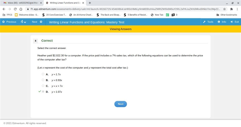 Heather paid $2,022.30 for a computer. If the price paid includes a 7% sales tax, which-example-1