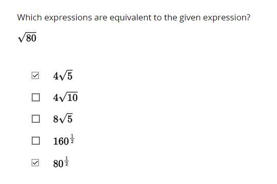 Which expression is equivalent to square root of 80-example-1