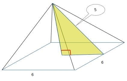 Find the surface area of a square pyramid whose base edge is 6cm and whose slant edge-example-1