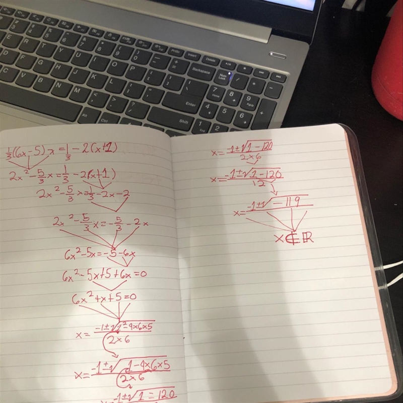 Find the value of x in this equation 1/3(6x-5)-x=1/3-2(x+1)-example-1