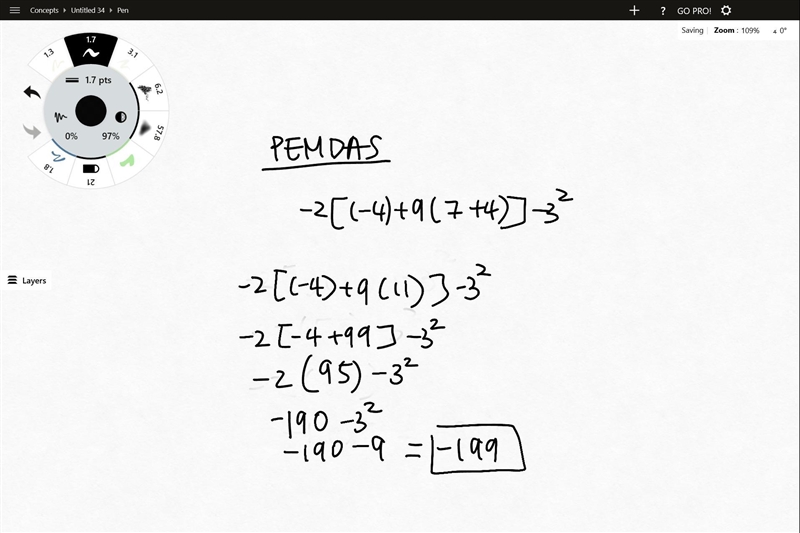 Simplify-2((-4)+9(7+4))-3^2-example-1