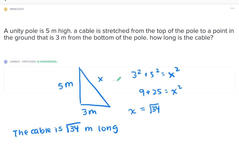 A unity pole is 5 m high. a cable is stretched from the top of the pole to a point-example-1