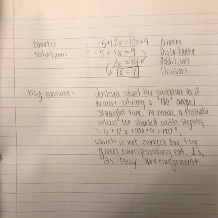 1. Joshua is trying to find the measure of the angle indicated in bold (-5+12x). His-example-1