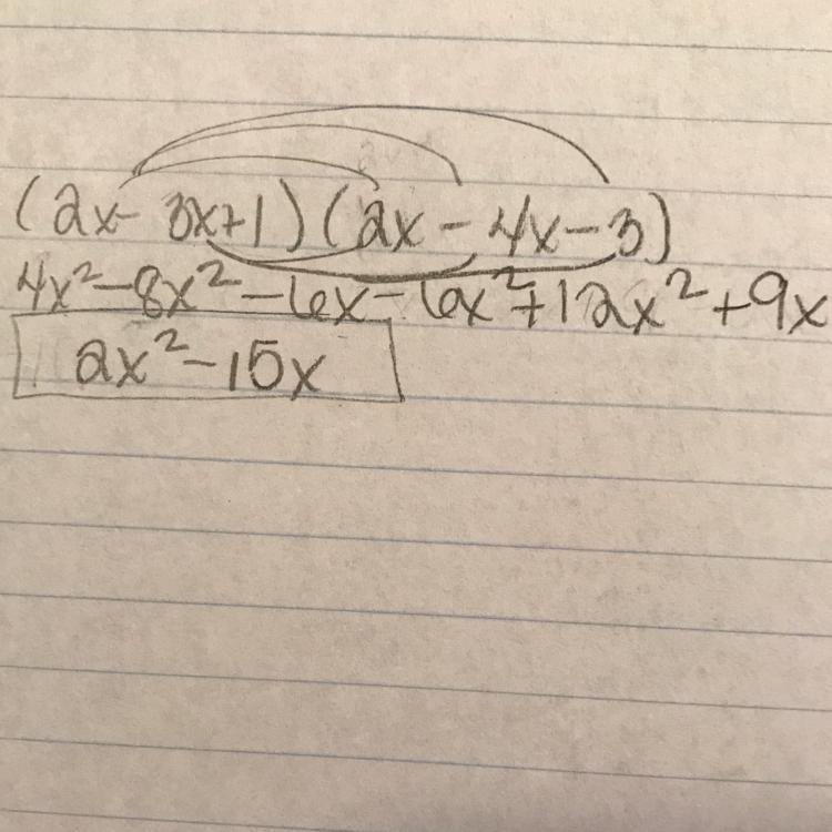 Multiply. (2x - 3x+ 1)(x2 - 4x-3) Help !!!-example-1