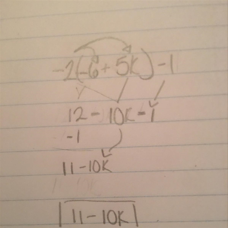 Simplify using distributive property and combining like terms -2(-6+5k)-1-example-1