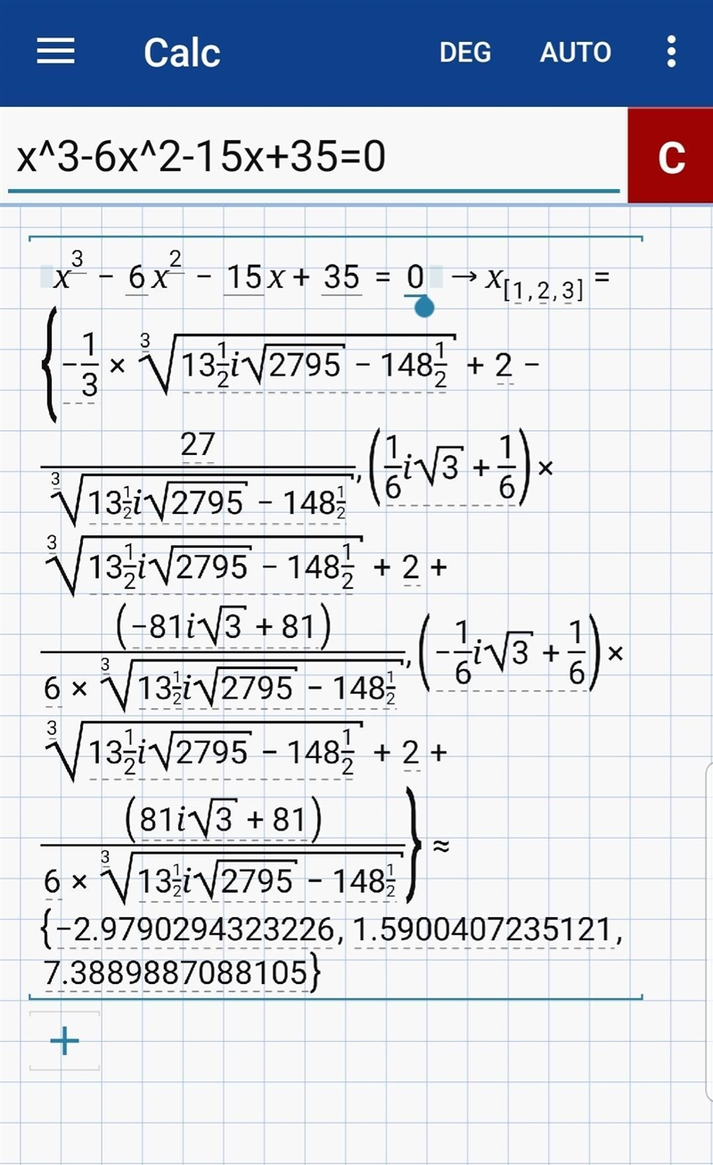 X^3-6x^2-15x+35=0, how do you find the x intercept for this problem. I keep looking-example-2