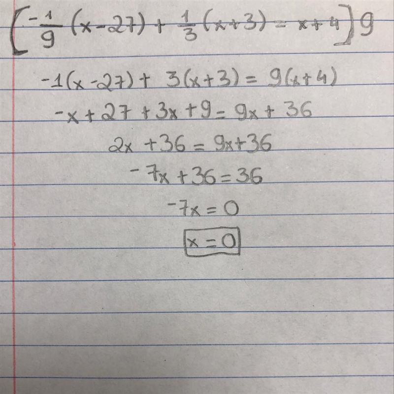 Solve for x: -1/9(x-27)+1/3(x+3)=x+4-example-1