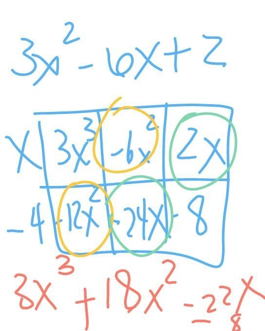 Simplify (x − 4)(3x2 − 6x + 2). 3x3 + 6x2 − 22x + 8 3x3 − 18x2 + 26x − 8 3x3 − 18x-example-1