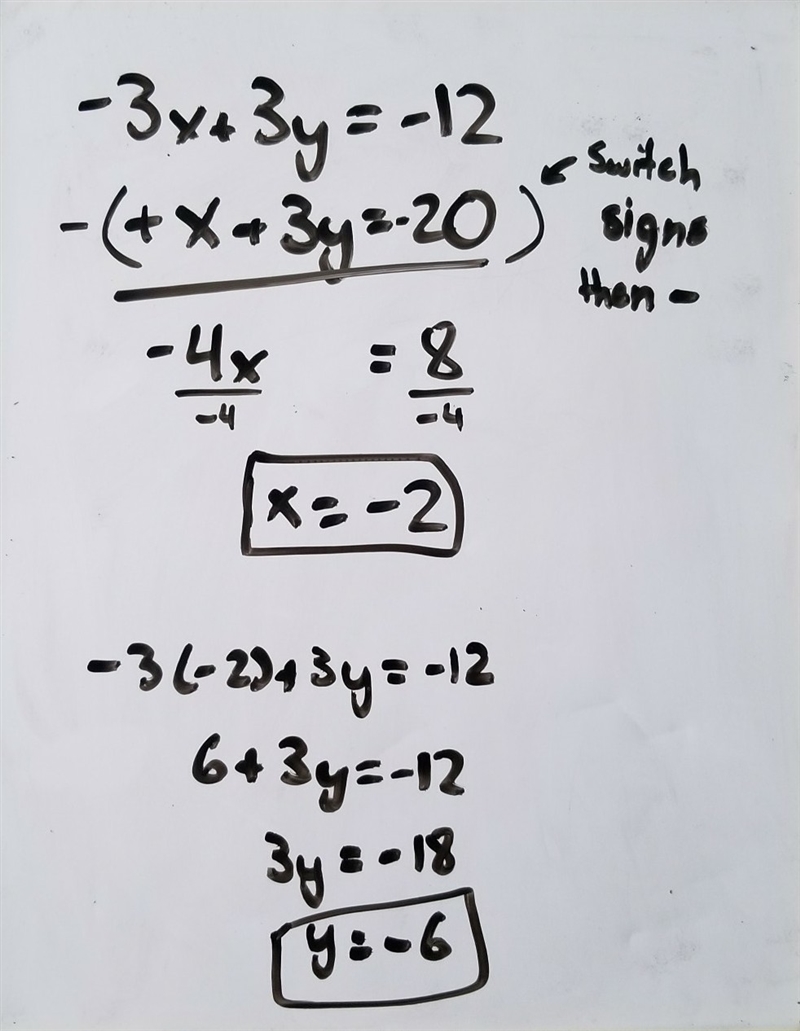 -3x + 3y = -12 and -x - 3y =20 solve elimination-example-1