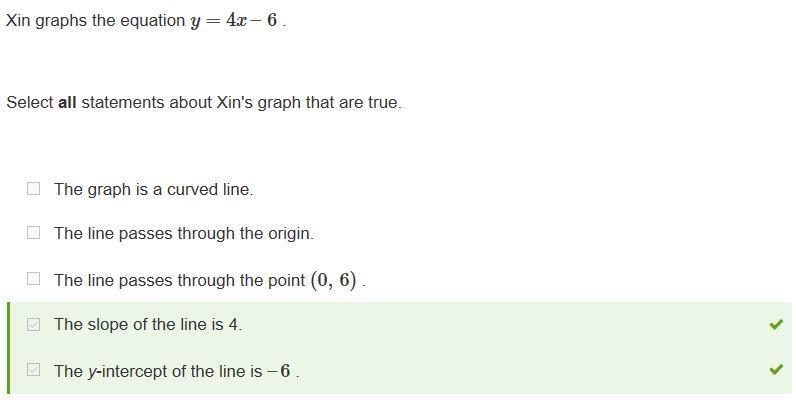 Xin graphs the equation y=4x – 6 . Select all statements about Xin's graph that are-example-1