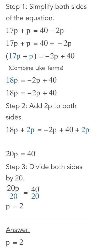 Solve for p 17p+p=40-2p​-example-1