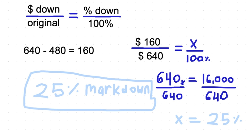 A computer normally cost $640 Its on sale this week for $480 what is the markdown-example-1