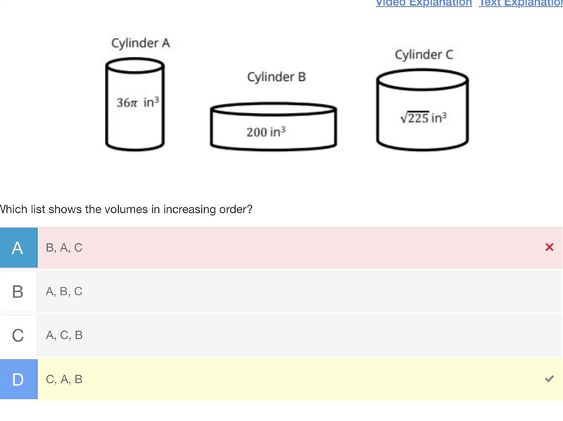 Which list shows the volumes in increasing order? A) A, B, C B) A, C, B C) B, A, C-example-1