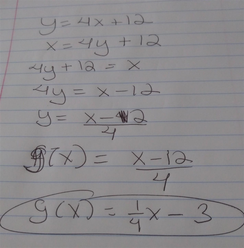 If g(x) is the inverse f(x) and f(x)=4x+12,what is g(x)-example-1