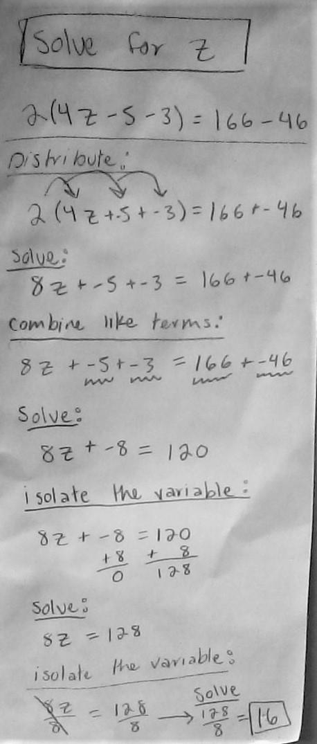 What is the value of z in the equation 2(4z - 5 - 3 ) = 166 - 46?-example-1