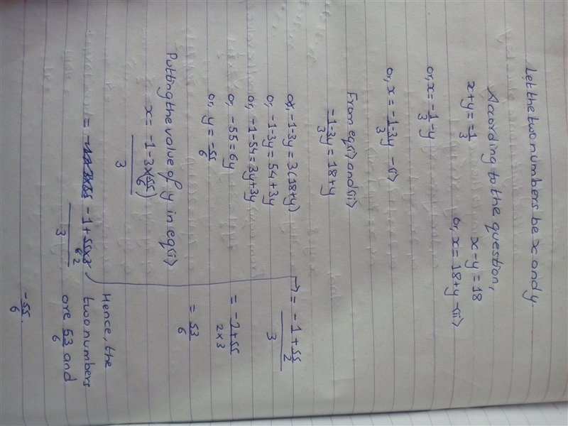 Find two numbers, if their sum is -1/3 and their difference is 18-example-1