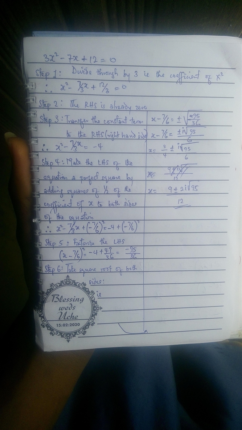 Joseph has started completing the square on the equation 3x2 - 7x + 12 = 0. He has-example-1