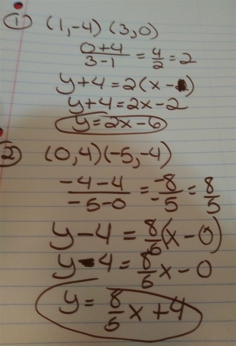 Write the slope-intercept form of the equation of the line through the given points-example-1