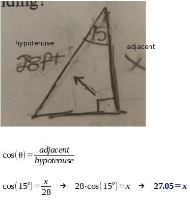 a 28 foot ladder leaning against a building forms a 15 degree angle with the side-example-1