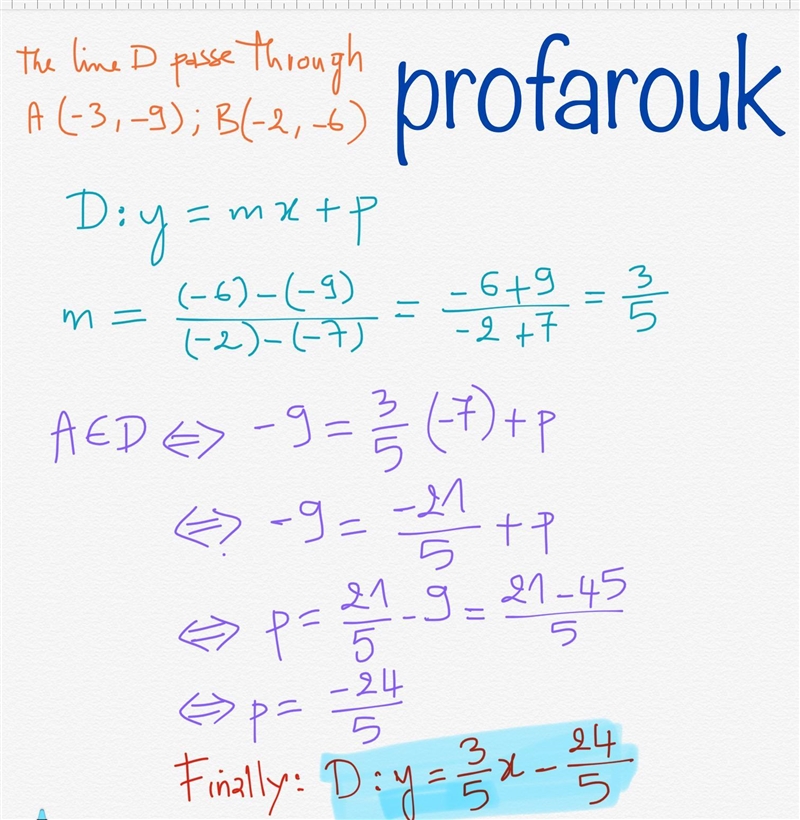 Find an equation of the line through the given pair of points. (-7.-9) and (-2,-6)-example-1