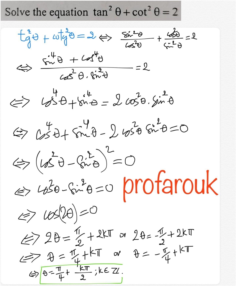 Solve the equation: tan^2x+cot^2x=2​-example-1